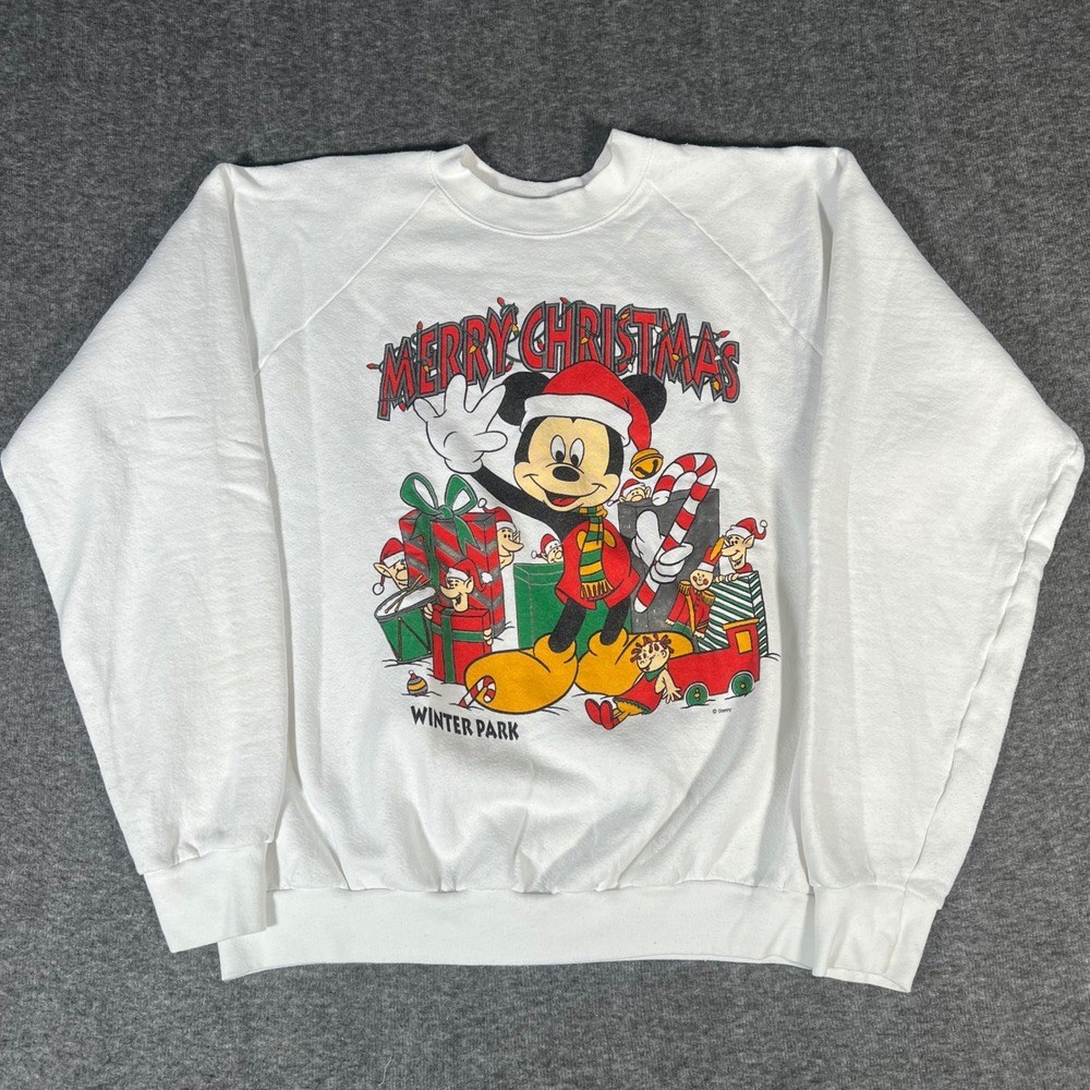 Vintage 90s Fruit of the Loom Disney Mickey Mouse Christmas Sweatshirt XXL White
